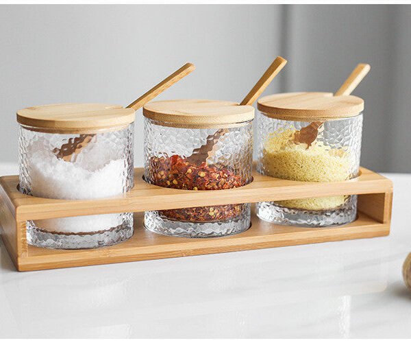 Household Kitchen Glass Seasoning Box Bamboo Lid Seasoning Bottle